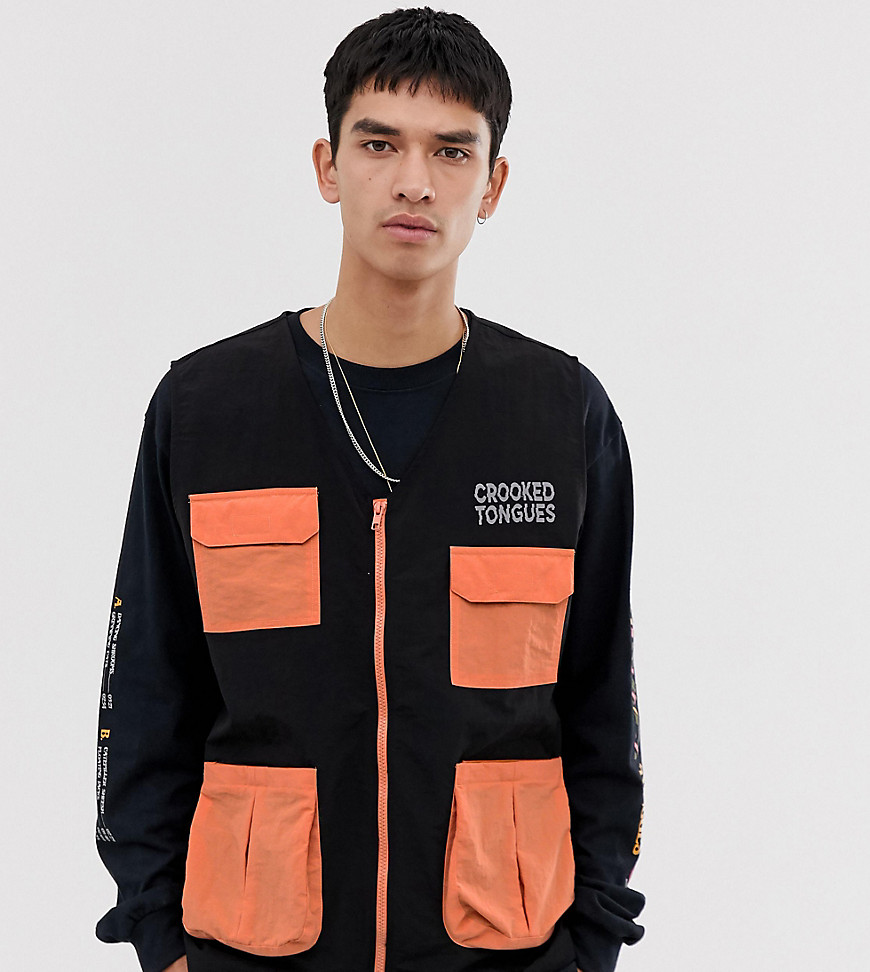 Crooked Tongues woven gilet with contrast pockets