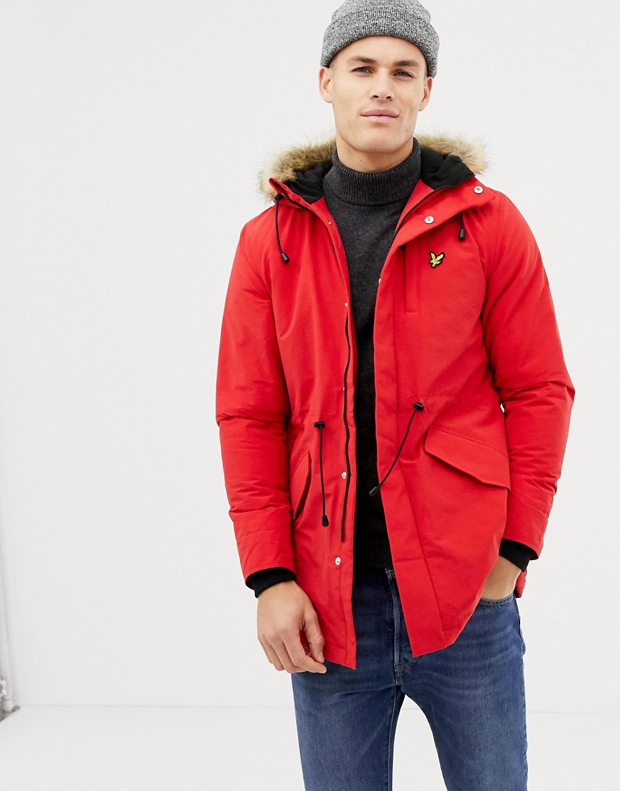 Lyle & Scott fleece lined hooded parka with faux fur trim in red