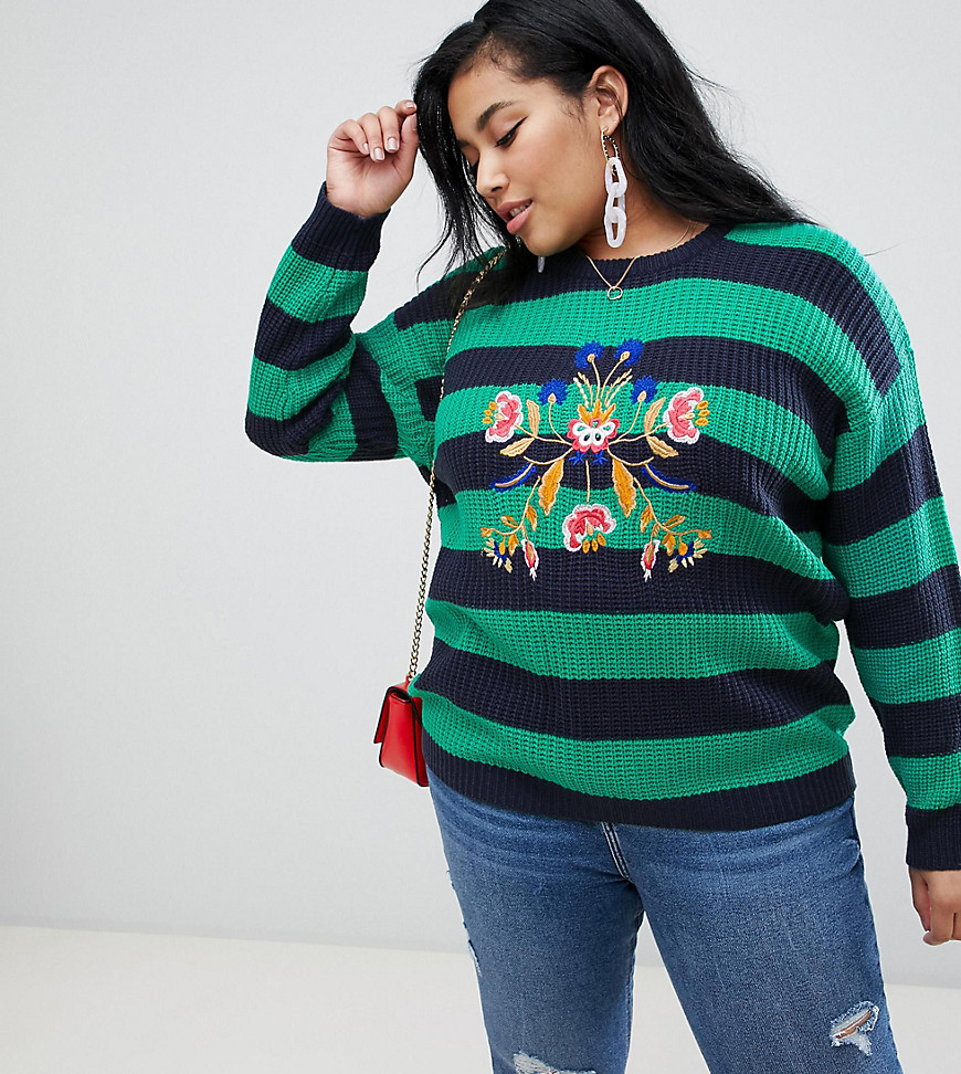 Brave Soul Plus bouquet stripe jumper with embroidery