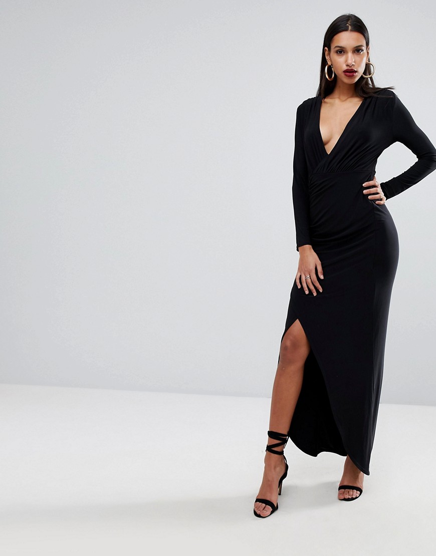 Outrageous Fortune Plunge Front Wrapover Maxi Dress
