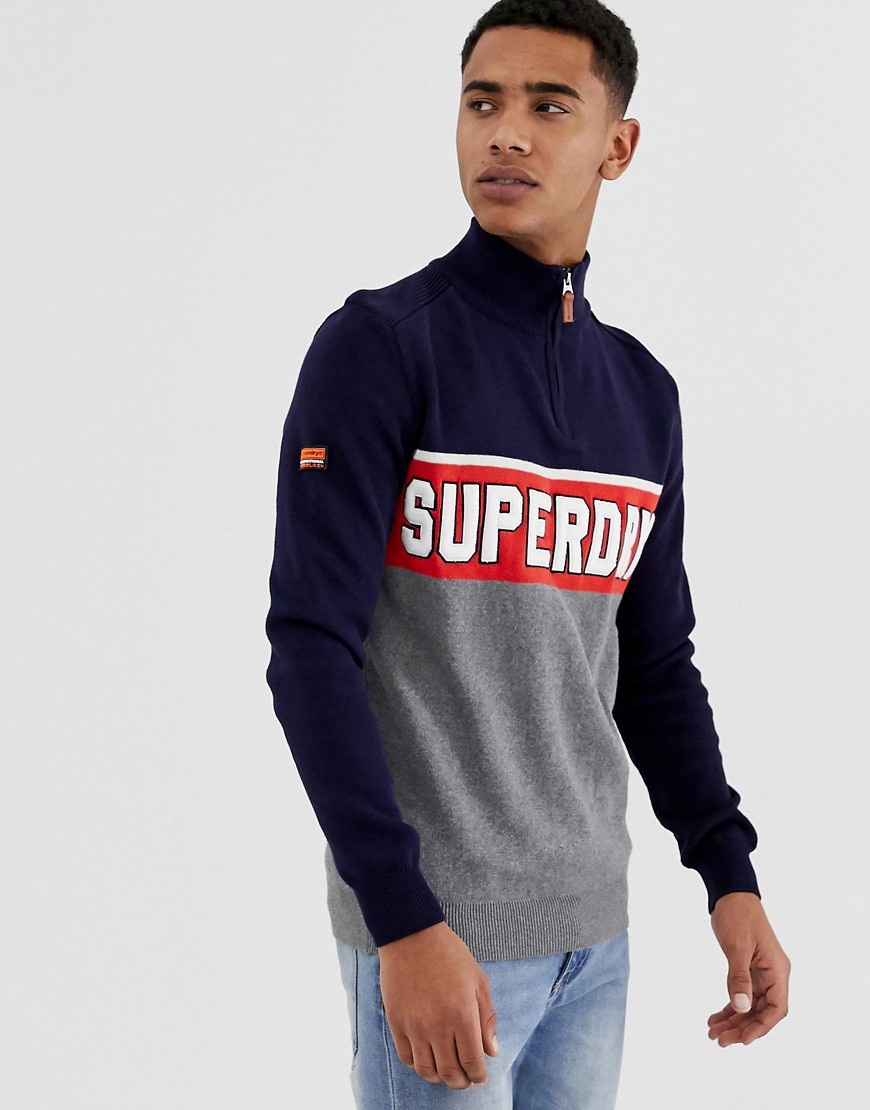 Superdry tri colour half zip jumper in grey