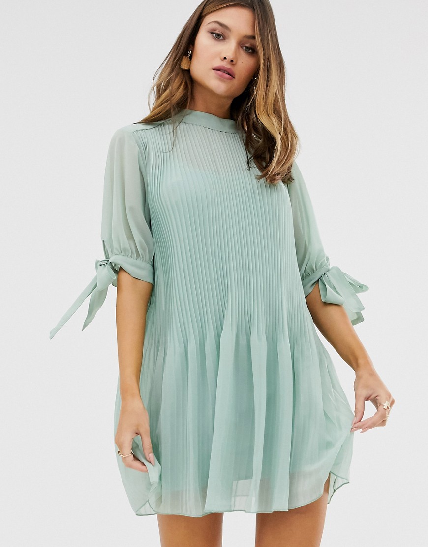 Asos Design Pleated Trapeze Mini Dress With Tie Sleeves-green