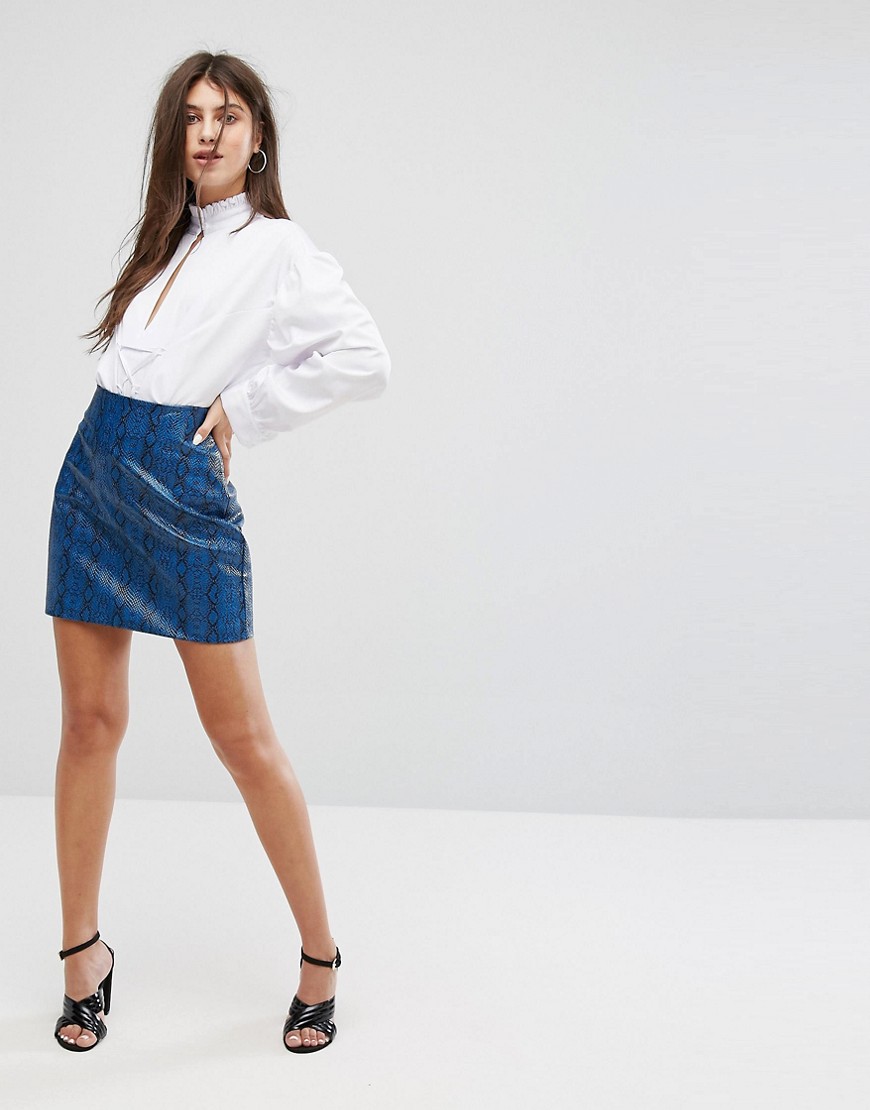 Fashion Union Mini Skirt In Faux Snake Leather - Blue