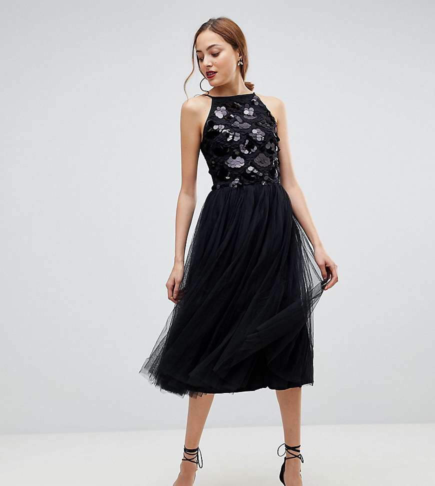 Little Mistress Tall Tulle Dress With Sequin Upper - Black