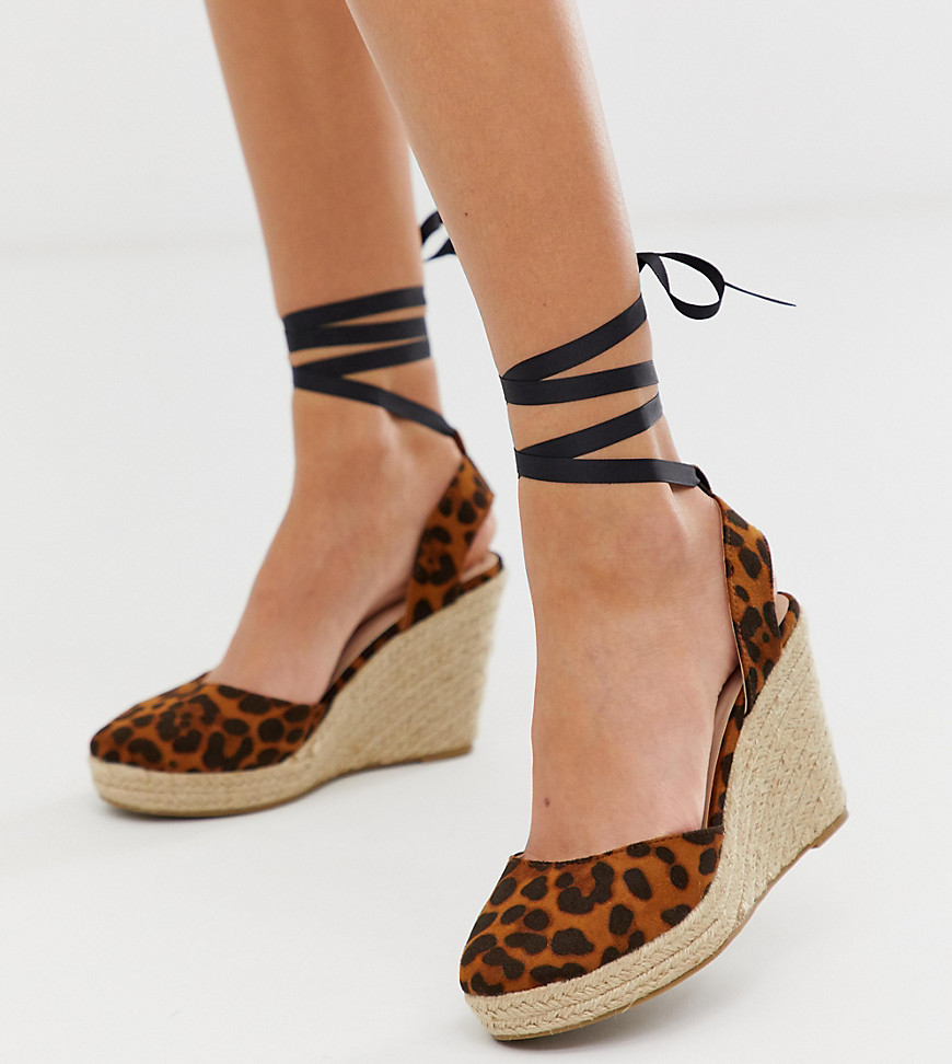 Miss Selfridge espadrille wedge heels with ankle ties in leopard