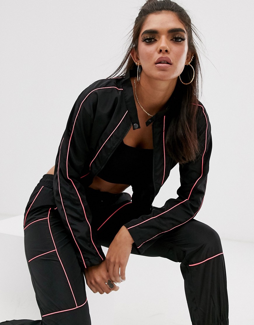QED London contrast piping cropped jacket in black and pink co-ord