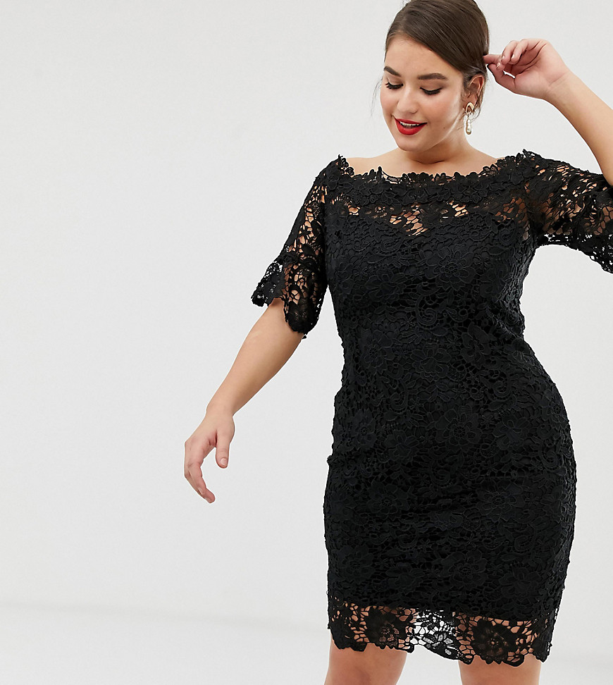 Paper Dolls Plus off shoulder crochet midi dress with frill sleeve in black