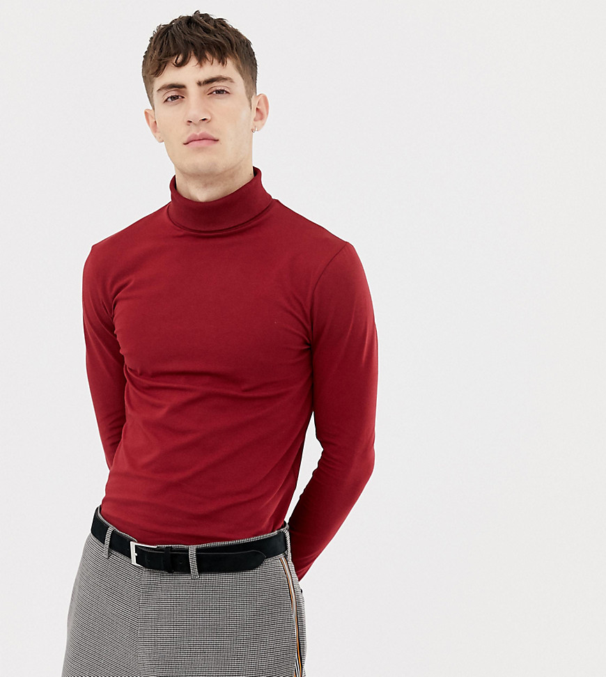 COLLUSION muscle fit roll neck t-shirt in burgundy