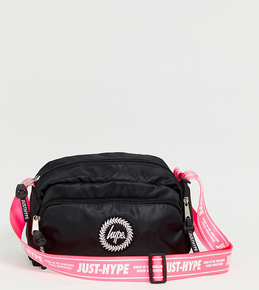 Hype exclusive pink neon strap cross body bag in black