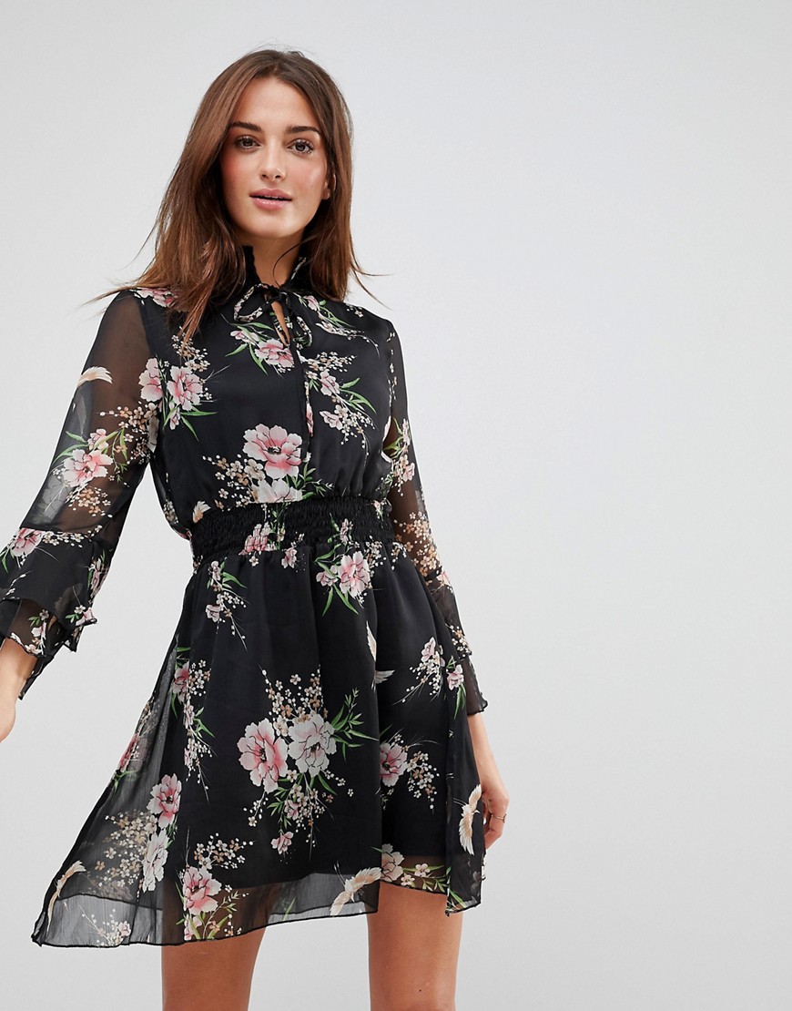 Influence High Neck Floral Dress With Ruffle Sleeves And Tie - Black