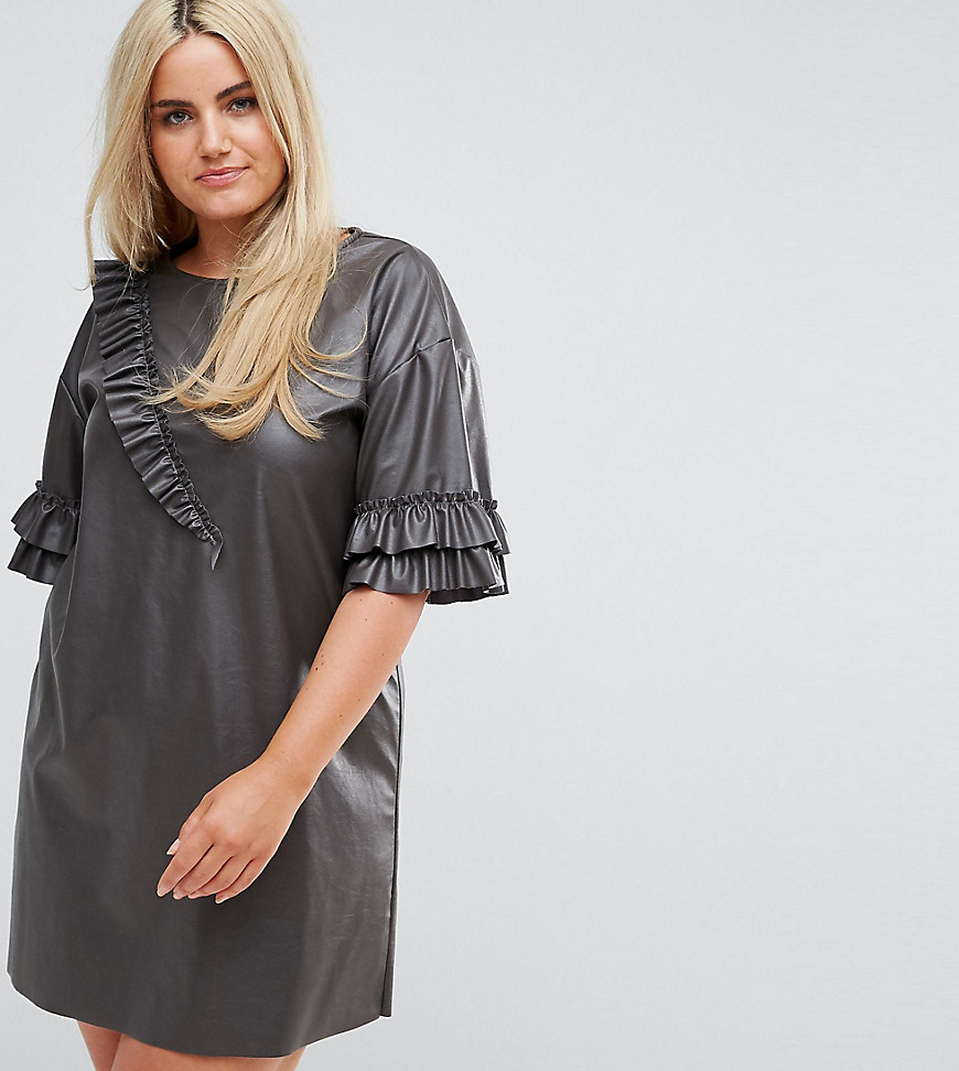 Elvi Faux Leather T Shirt Dress With Ruffle Detail