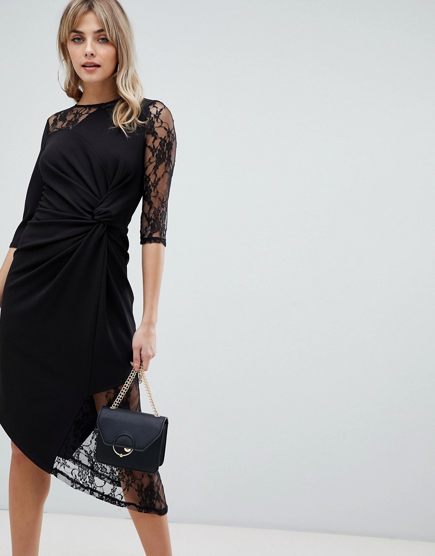 Asos Design Lace Mix Twist Front Midi Dress-black