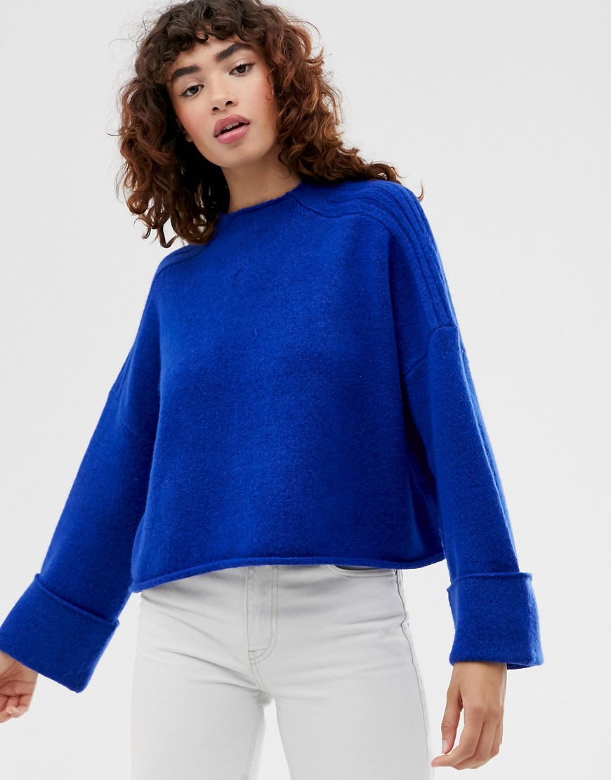 Asos Design High Neck Oversized Sweater With Turn Back Cuff In Recycled Blend-blue