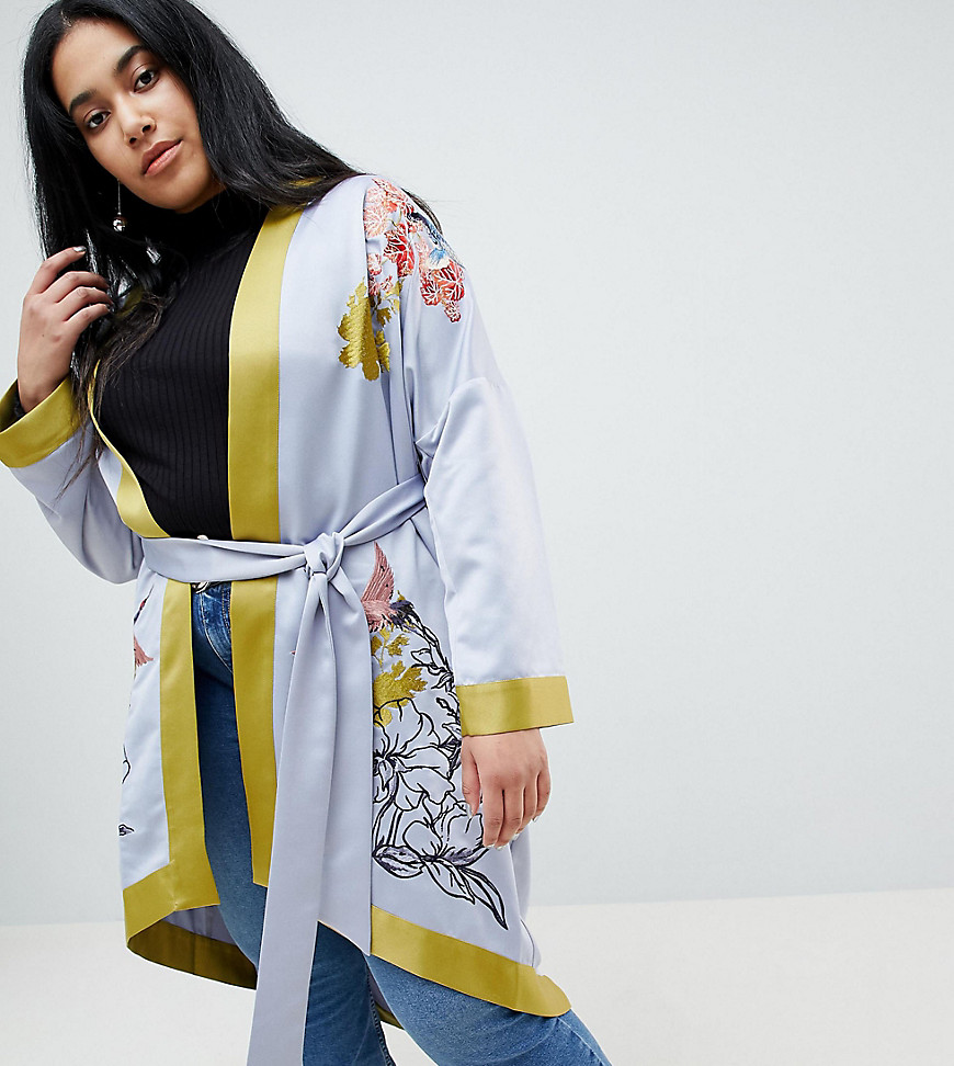 Lost Ink Plus Longline Kimono With Embroidery - Blue