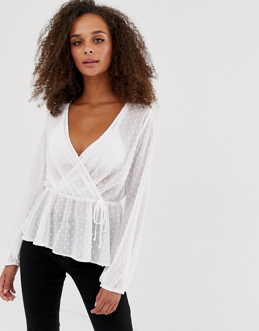 New Look wrap front blouse in white spot print
