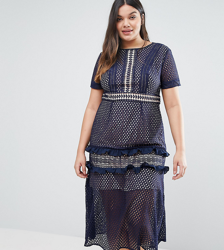 Truly You Tiered Premium Lace Midi Dress - Navy