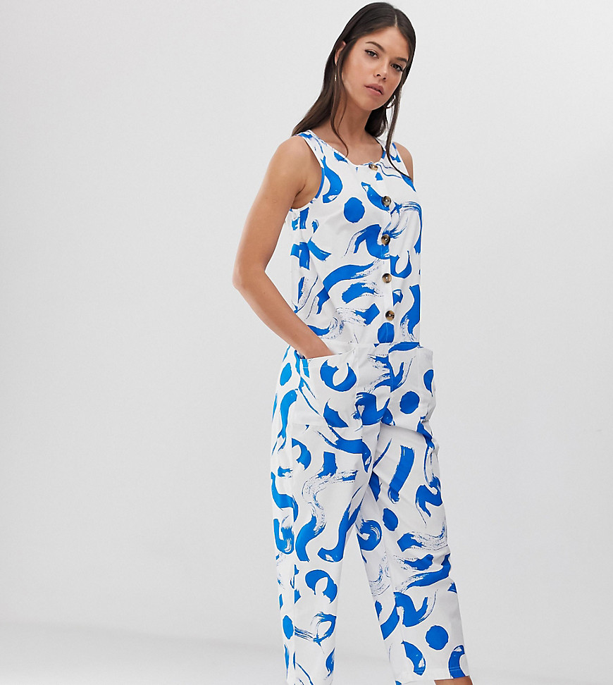 ASOS DESIGN Tall sleeveless button front boilersuit in paintbrush print