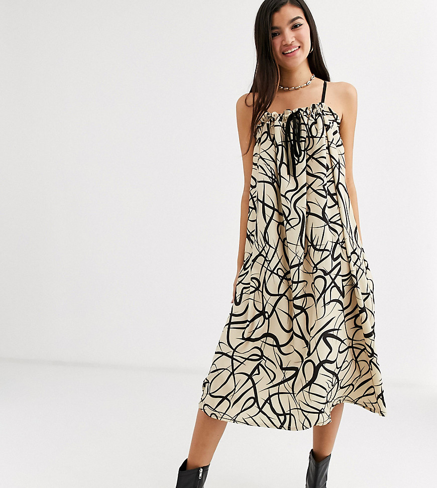 Another Reason volume midi dress with drawstring detail in abstract print