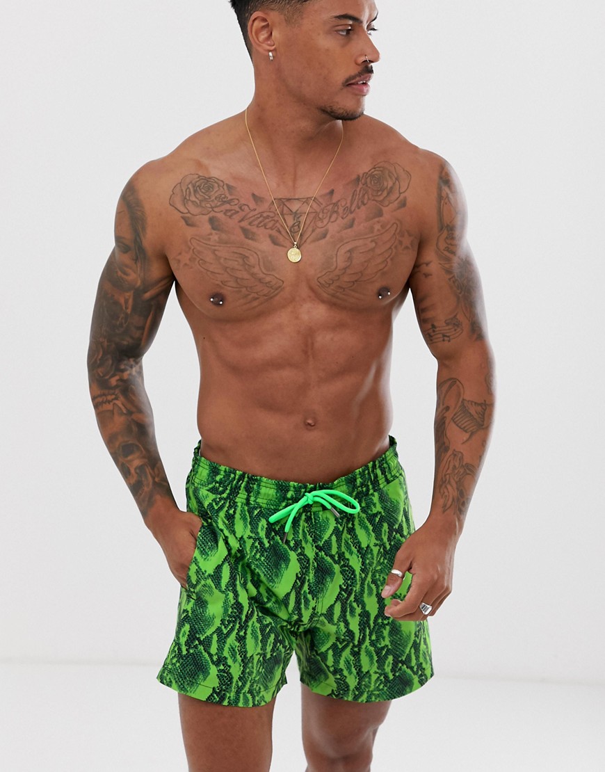 Hunky Trunks Snake Print Swim Shorts in Short Length with Neon Green Trim