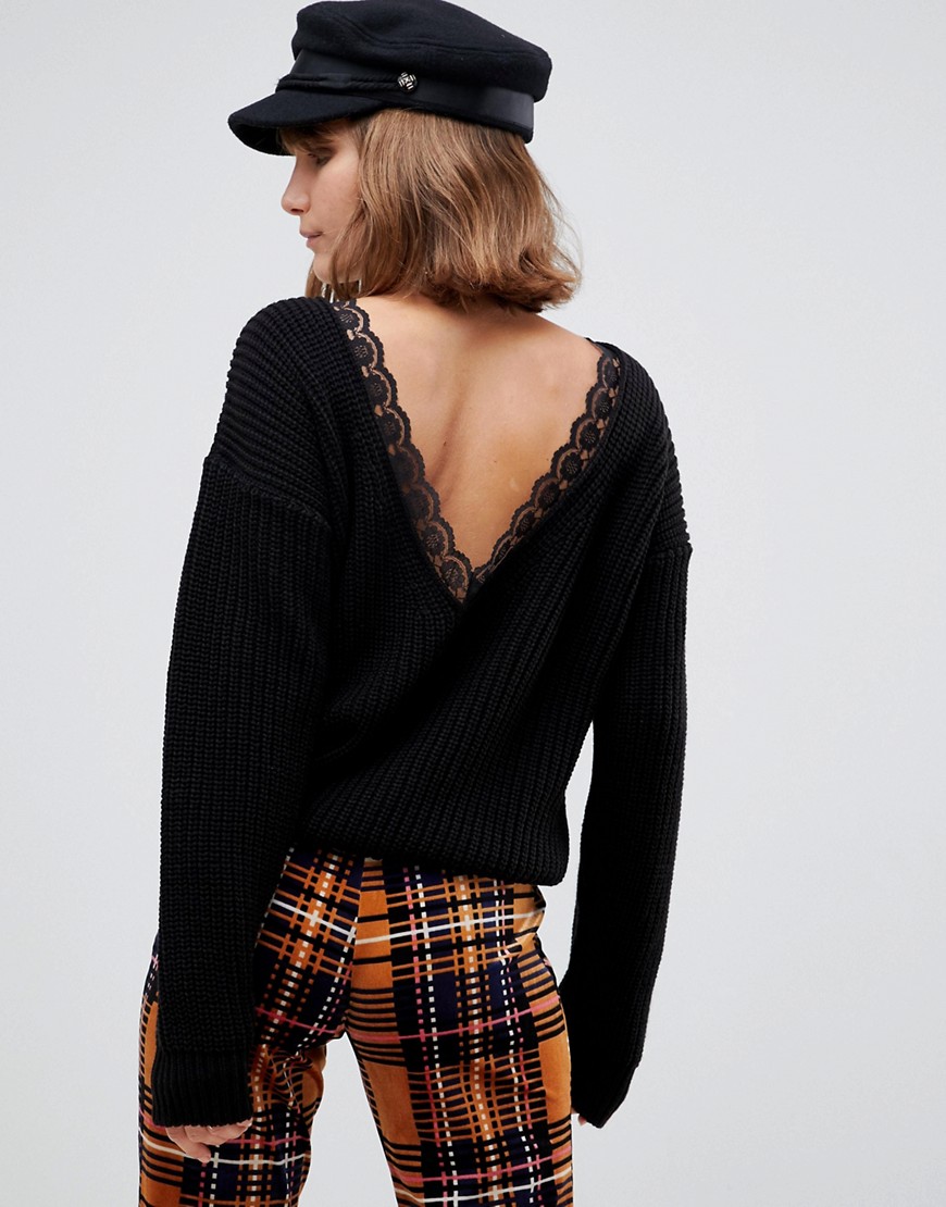 Glamorous scoop back knitted jumper with lace trim