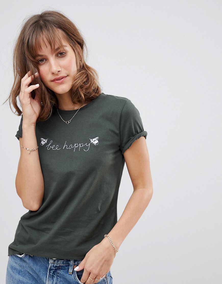 People Tree Organic Cotton T-Shirt With Bee Happy Embroidery
