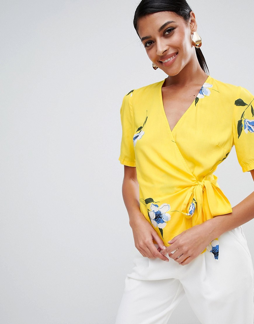 Warehouse floral print wrap top in yellow