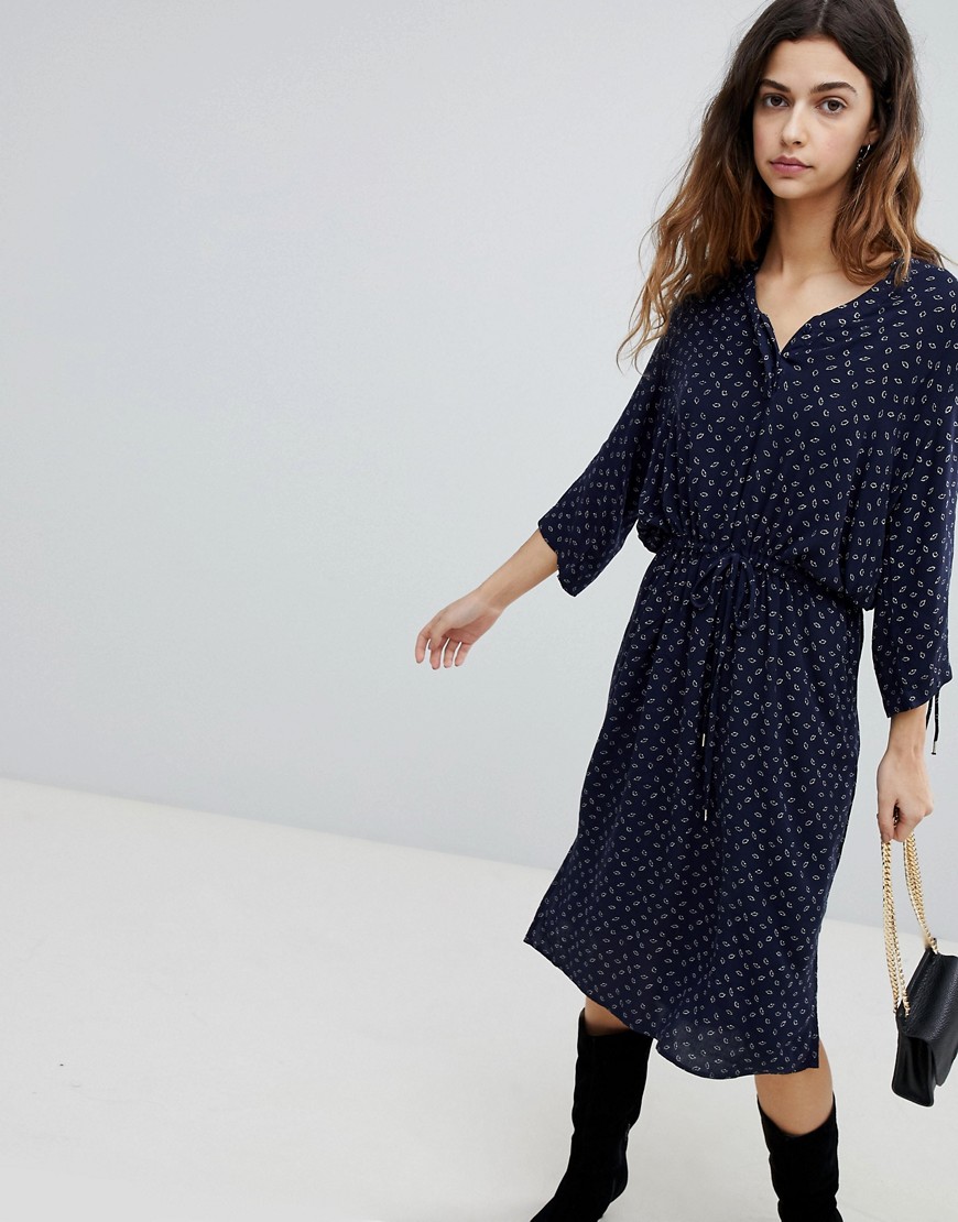Soaked In Luxury Waist Tie Shirt Dress With Gathered Sleeve - Dress blue