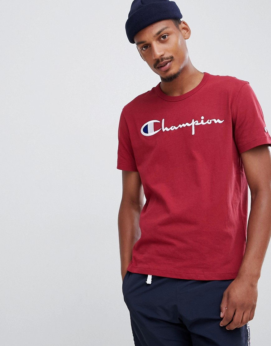 Champion reverse weave t-shirt with large script logo in red
