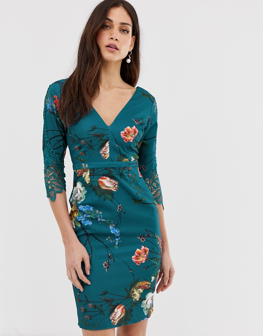 Little Mistress 3/4 sleeve printed belted midi dress with lace detail