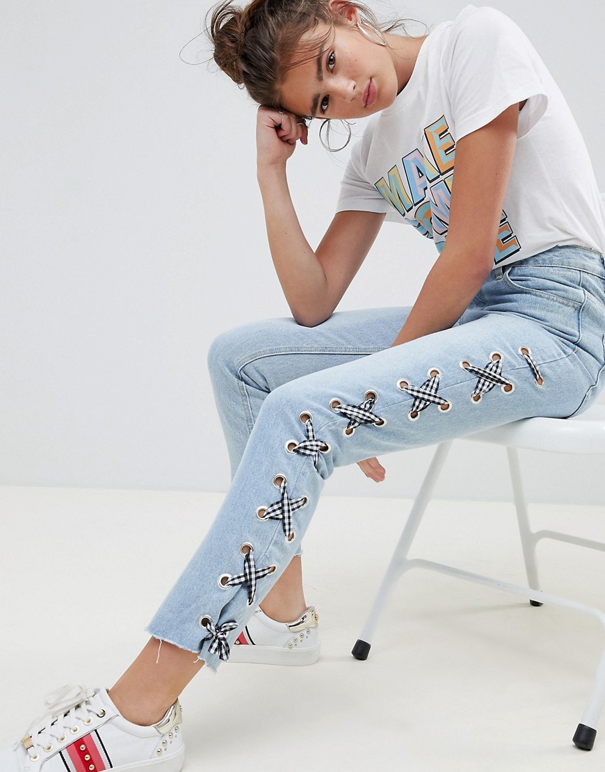 Daisy Street Jeans with Lace Up Detail - Blue