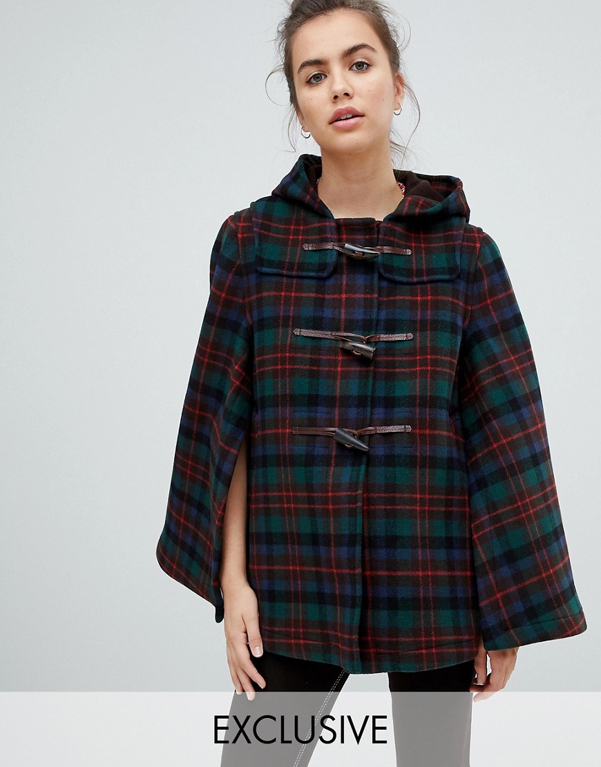 Gloverall Exclusive Cape Duffle in Tartan - Navy and red check