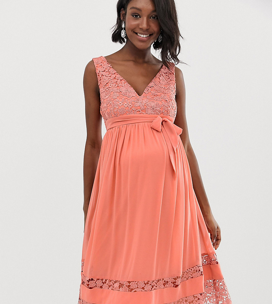 Little Mistress Maternity contrast lace full prom midi skater dress in coral