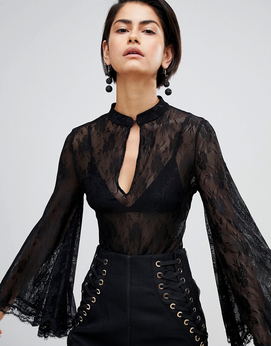 Forever Unique Lace Bodysuit With Fluted Sleeve - Black