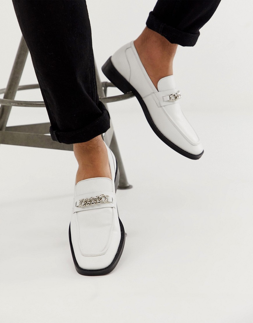 ASOS DESIGN square toe loafers in white with chain