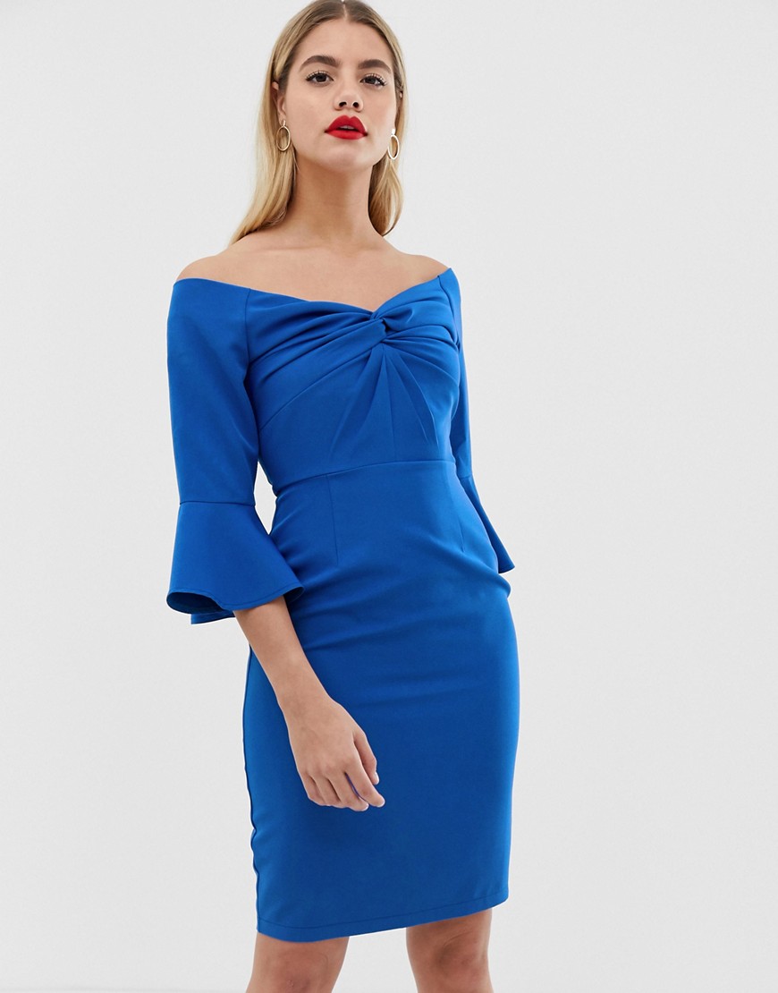 Paper Dolls sweetheart midi bodycon dress with knot front in cobalt