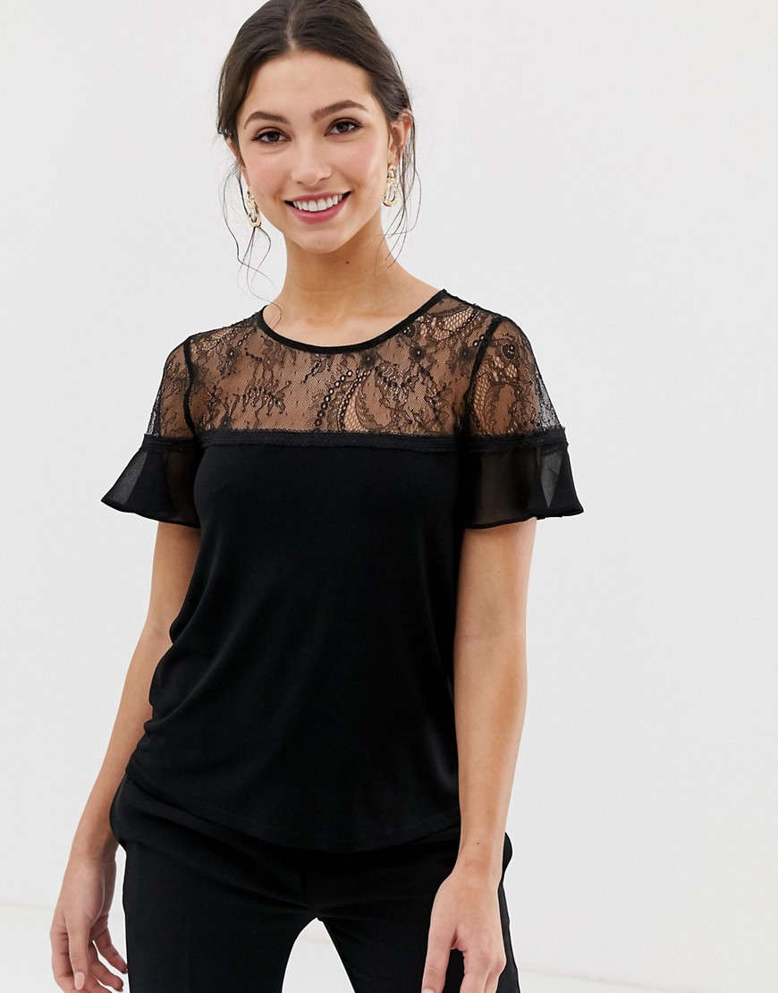 Forever New lace detail short sleeve blouse in black