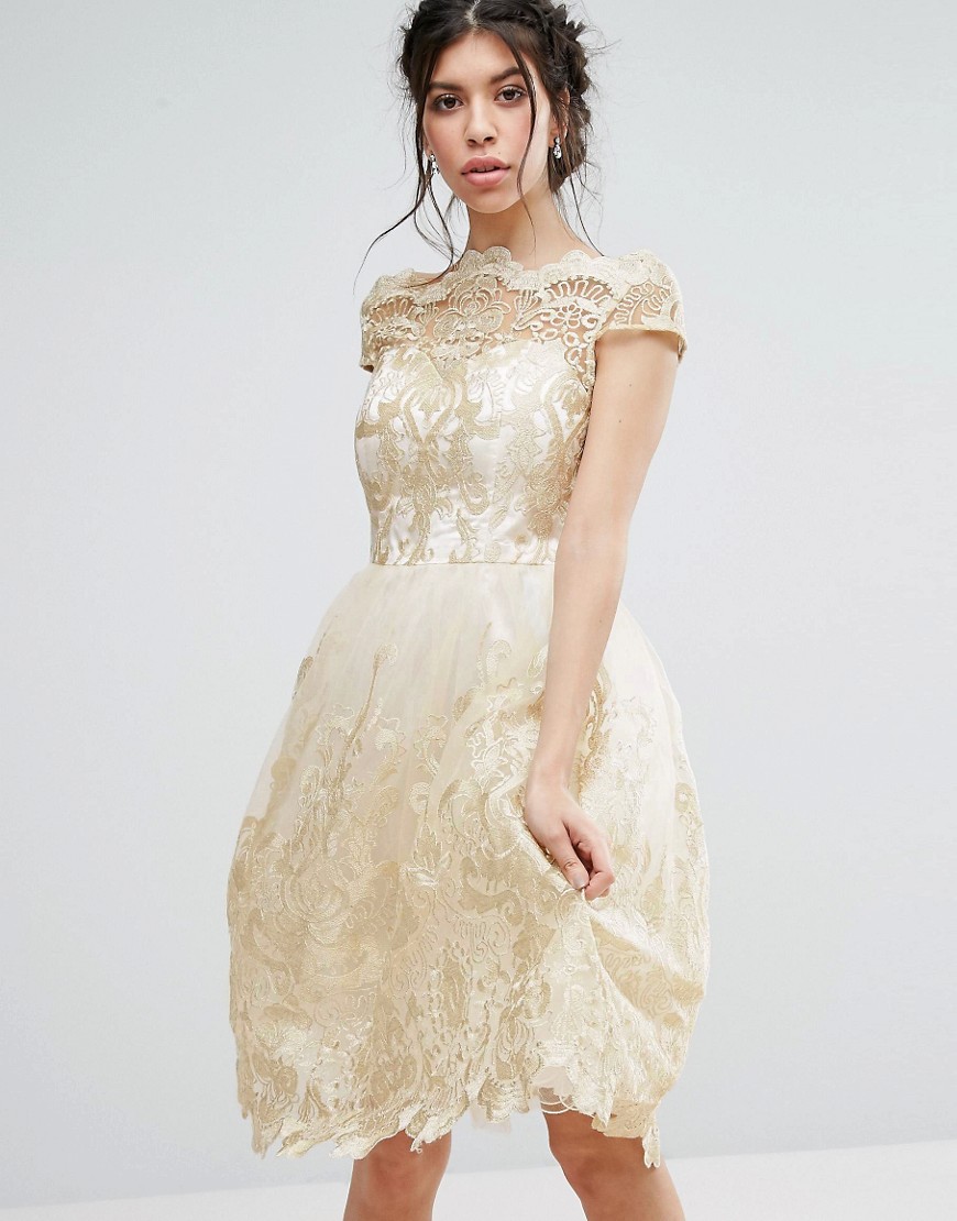 Chi Chi London Premium Metallic Lace Midi Prom Dress with Bardot Neck
