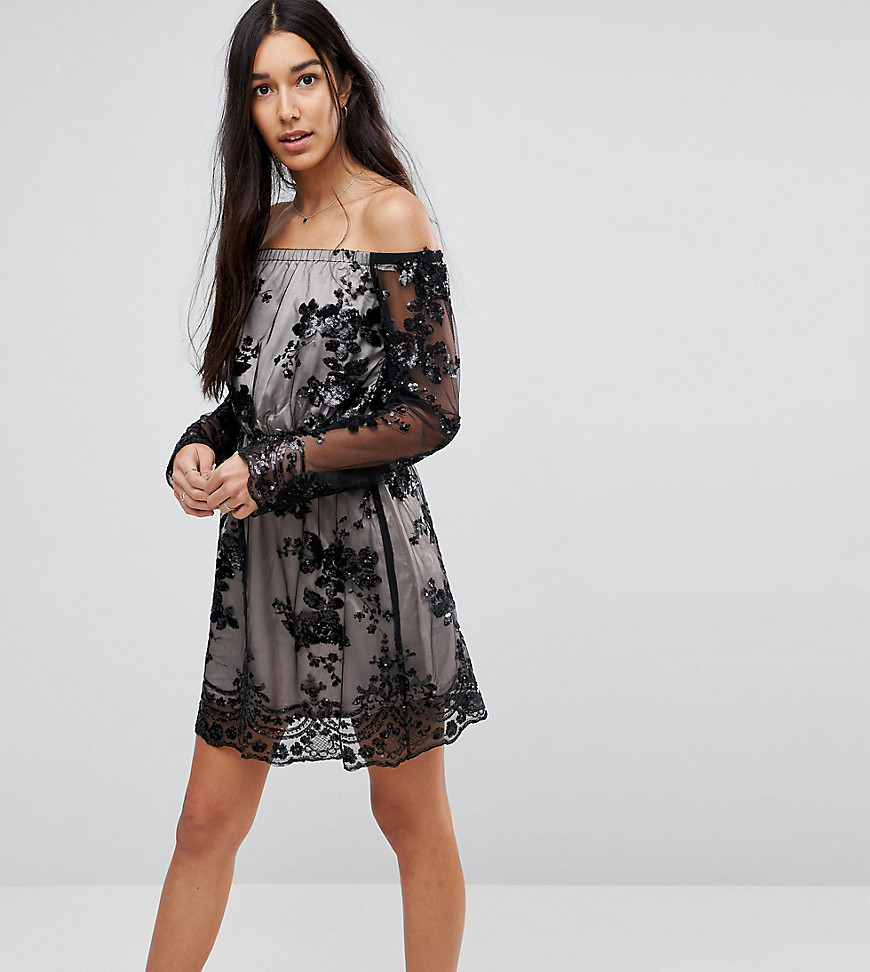 Kiss The Sky Tall Off Shoulder Mini Dress With Sequin Embellishment