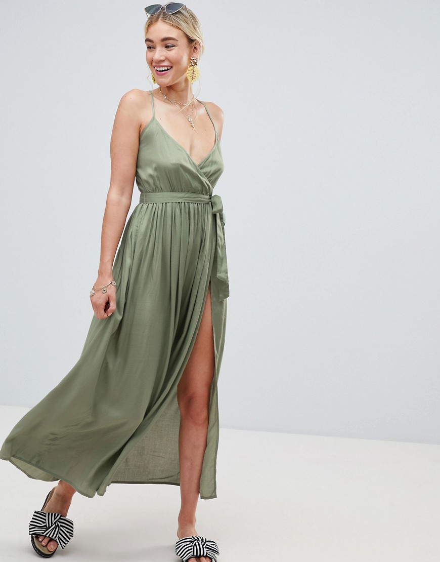 Asos Design Woven Wrap Maxi Beach Dress-green