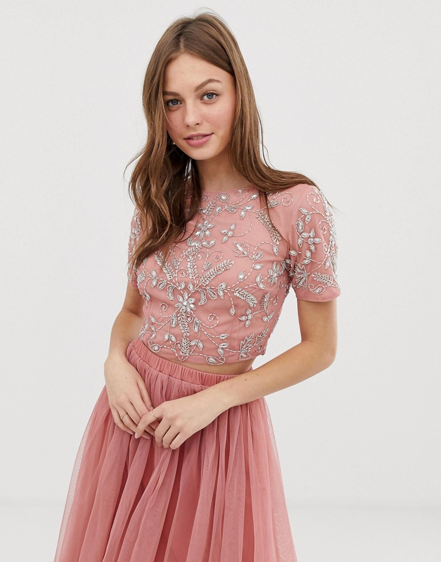 Lace & Beads floral embellished crop top co ord in terracotta