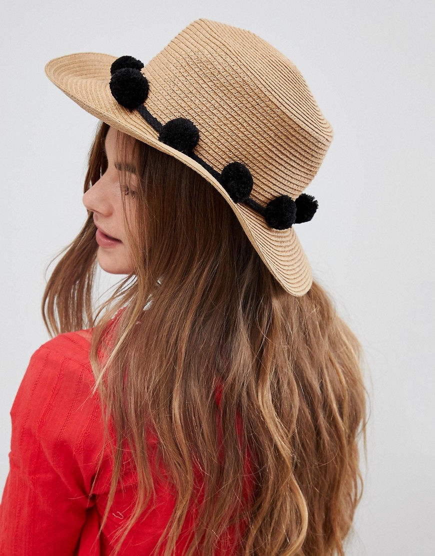 Pieces Straw Hat With Pompoms - Brown