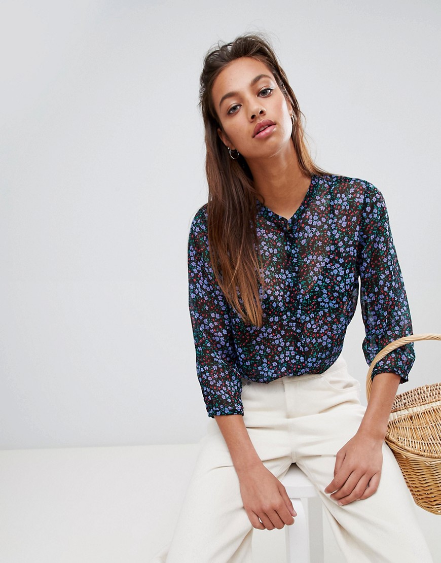 French Connection Collarless Shirt in Obine Floral - Black