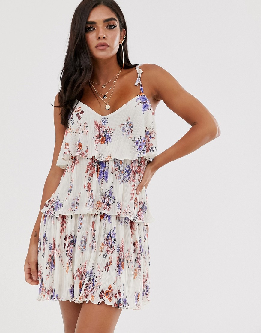 Asos Design Plisse Tiered Mini Dress In Floral With Shoulder Ties-multi