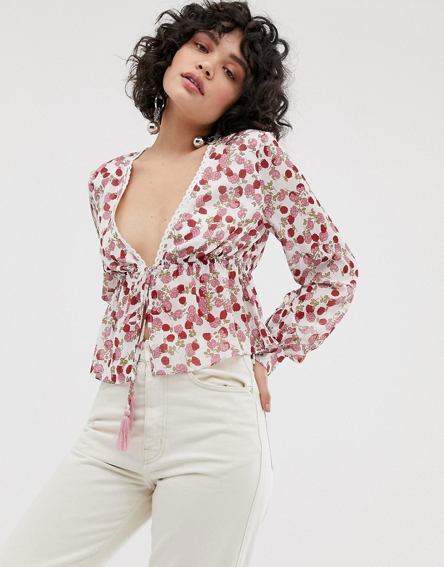 Emory Park tie front blouse in rose print