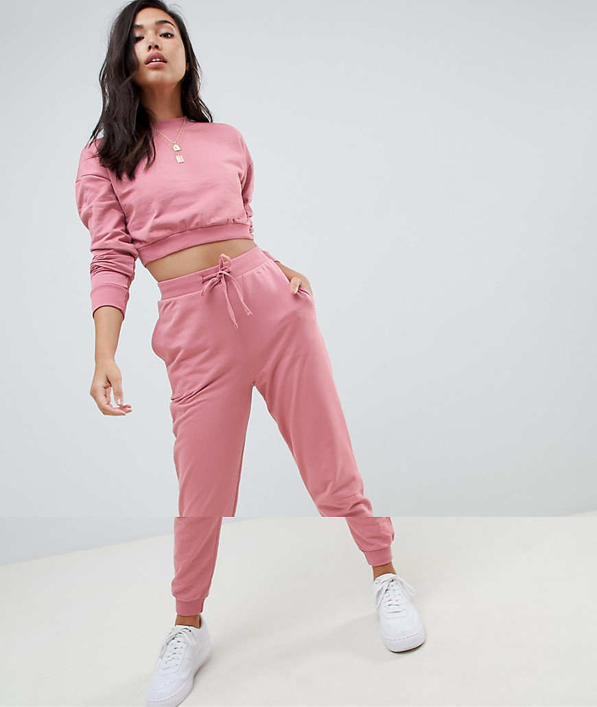 Asos Design Tracksuit Cropped Sweatshirt / Basic Jogger With Tie-pink