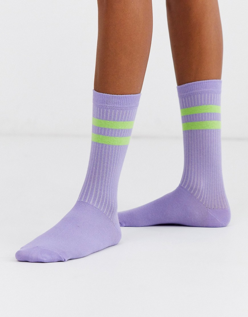 ASOS DESIGN calf length stripe sock in lilac and green