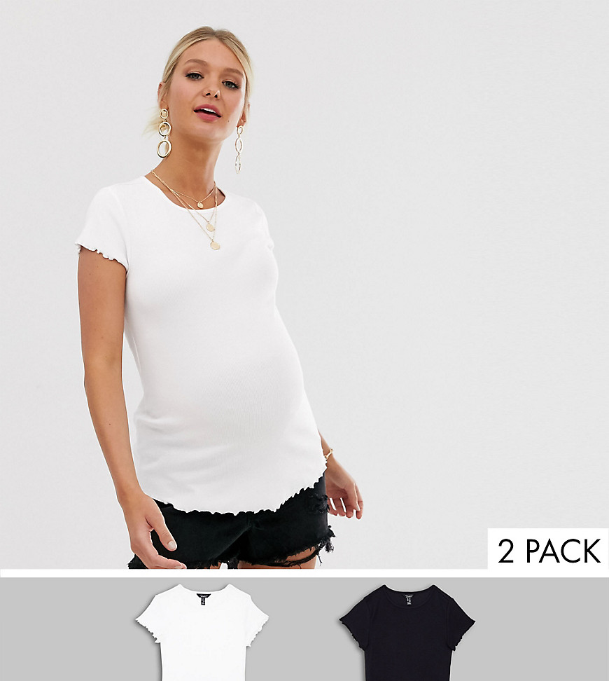 New Look Maternity lettuce edge 2 pack t-shirts in black and white
