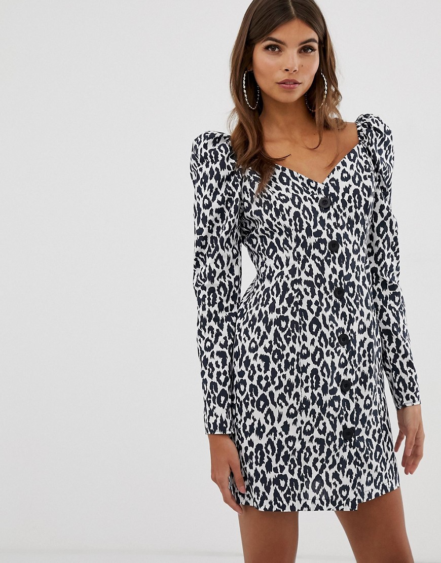 ASOS DESIGN button through mini dress with long sleeves in mono leopard print