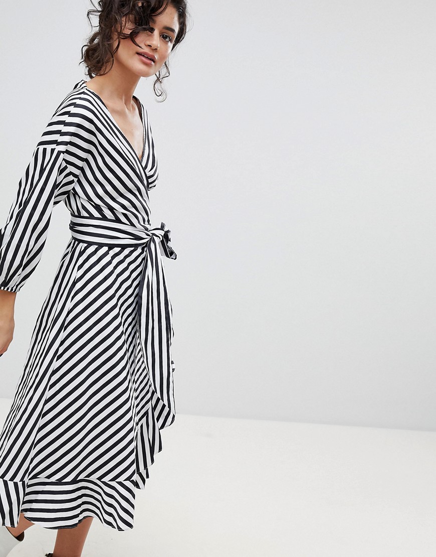 Gestuz Stripe Wrap Dress With Frill Detail - Dark blue/white