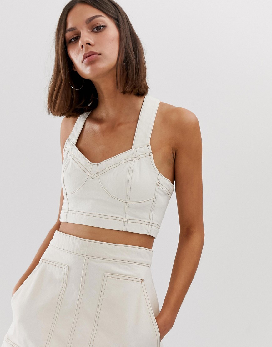 Weekday co-ord denim crop top with contrast stitching in ecru